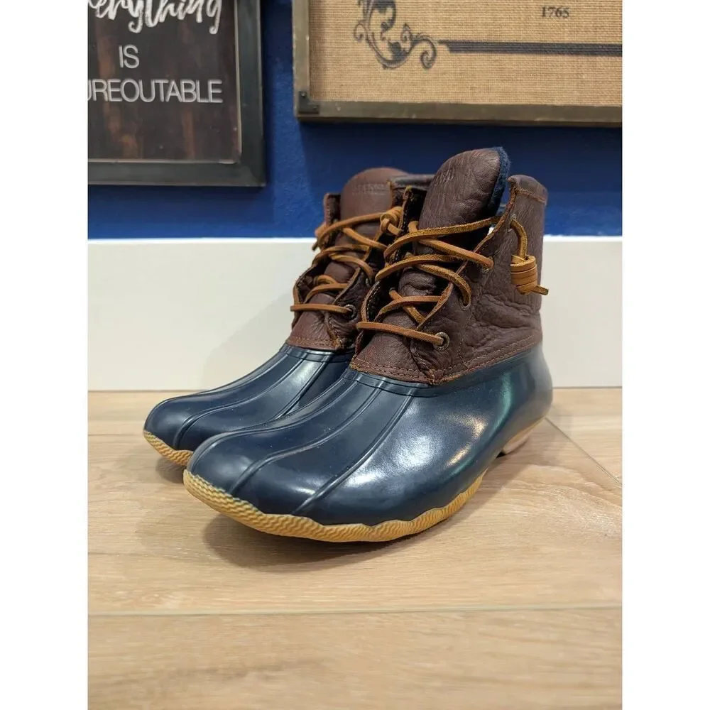 Sperry Duck Boots Women’s 9 Brown Leather & Navy Rubber Waterproof Rain Boots EU